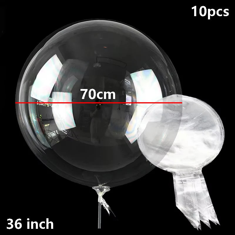 A large clear bubble balloon is shown, measuring 70cm, with a 36 inch scale reference.