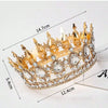 Gold crystal rhinestone crown cake topper with detailed design and measurements.