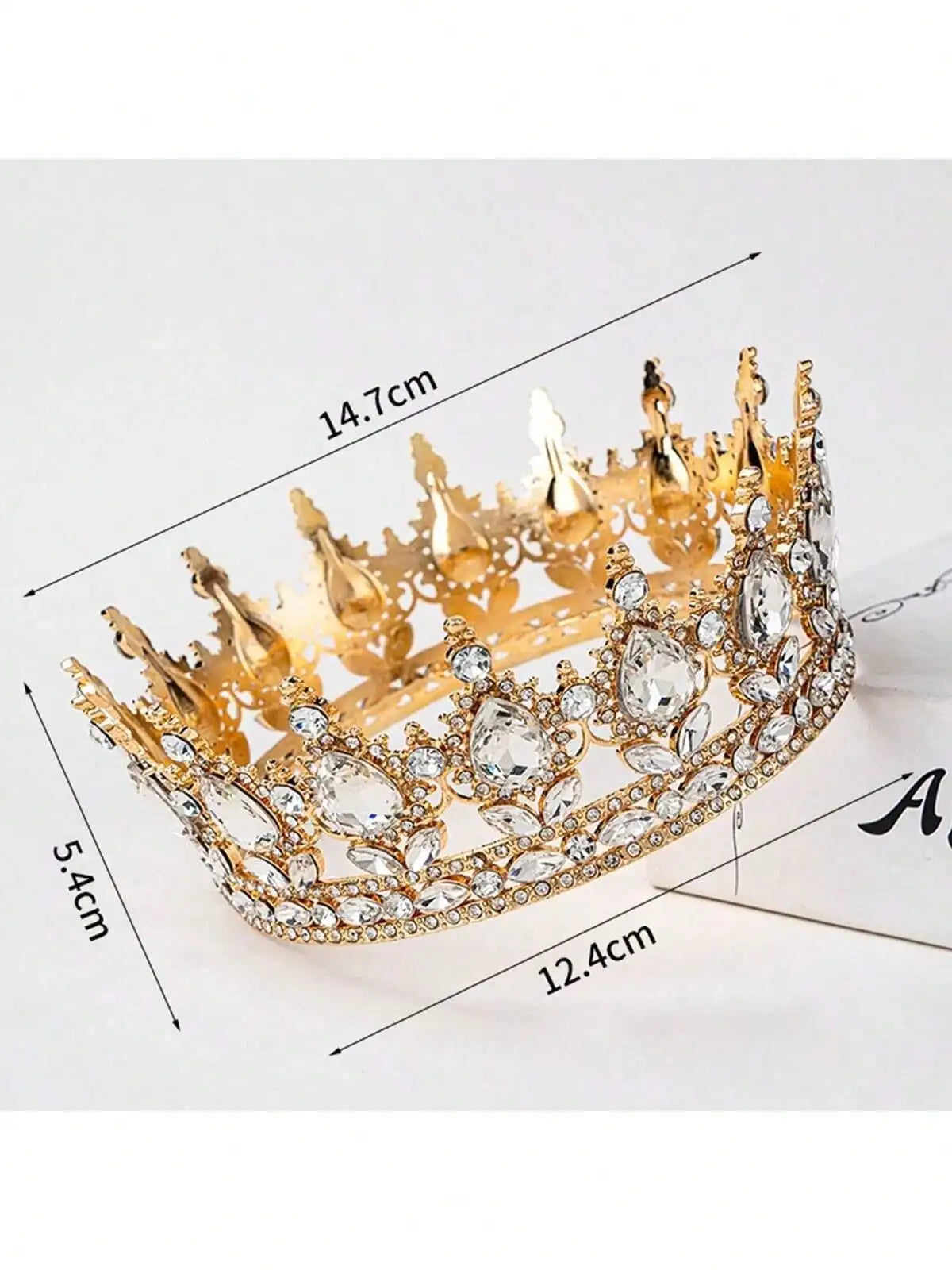 Gold crystal rhinestone crown cake topper with detailed design and measurements.