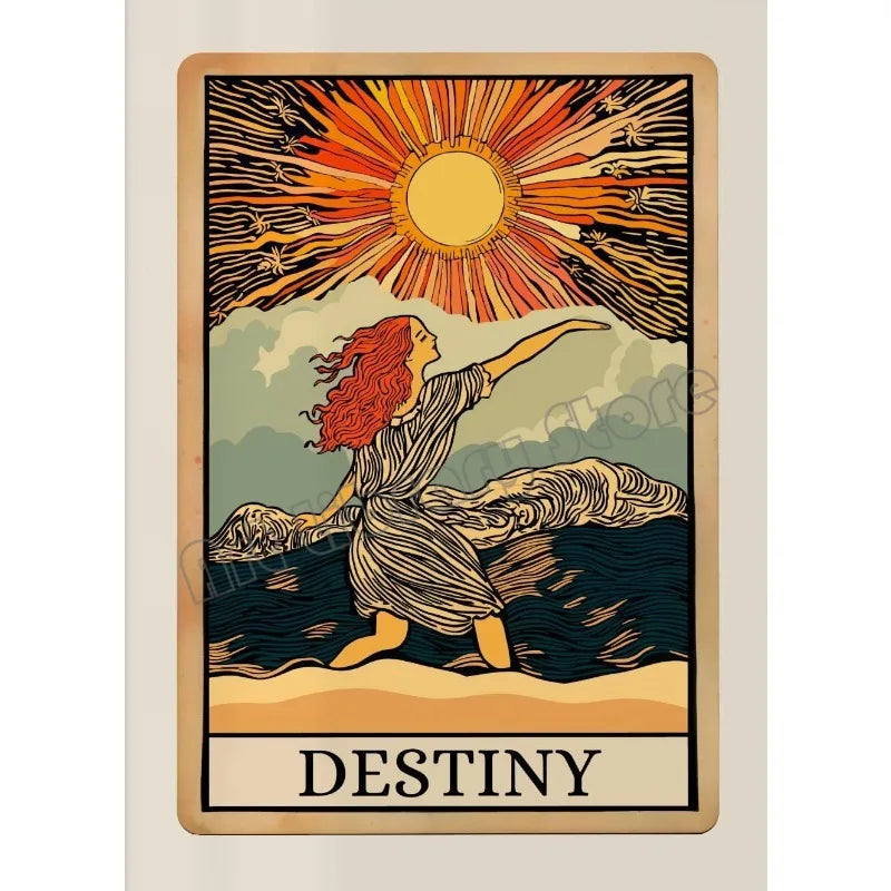 A vintage-style tarot poster depicting a woman reaching toward a bright sun, symbolizing destiny.