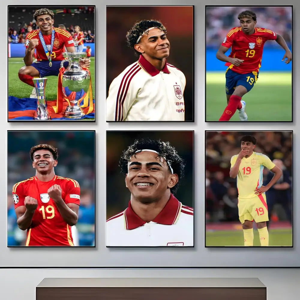 A grid of five posters featuring Lamine Yamal in various football kits and poses.