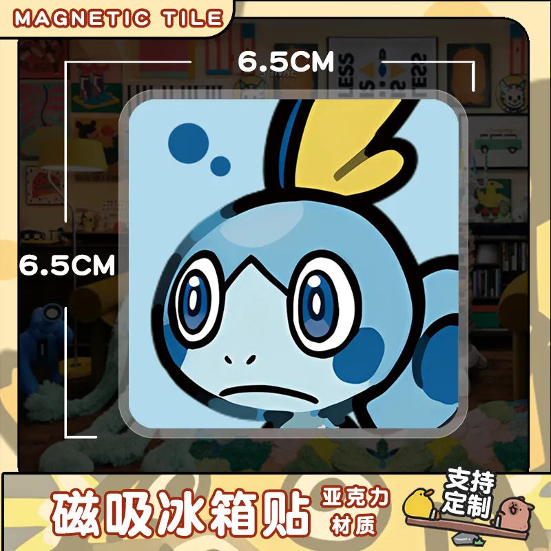 A glossy blue Pokémon Q-Style acrylic fridge magnet featuring a distressed face.