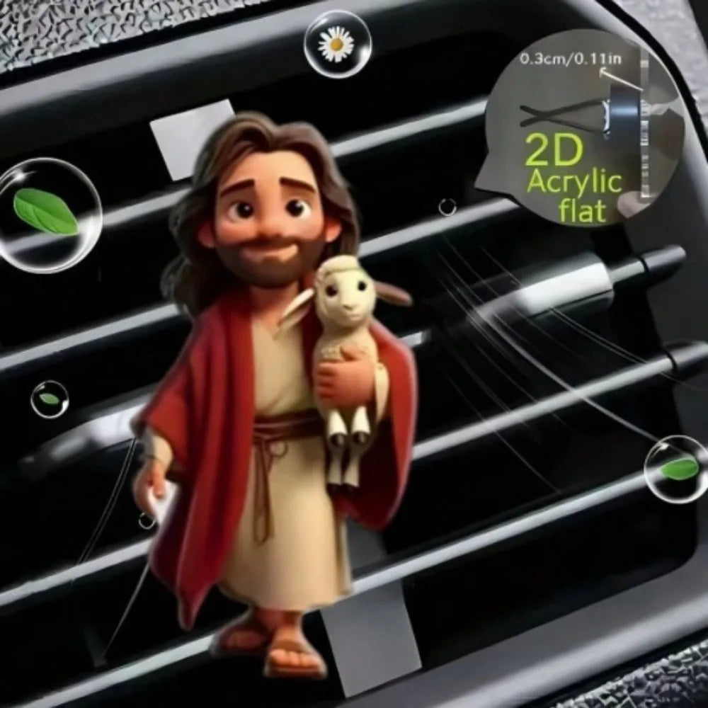 A cute acrylic teddy bear and puppy figure clipped onto a car vent grille.