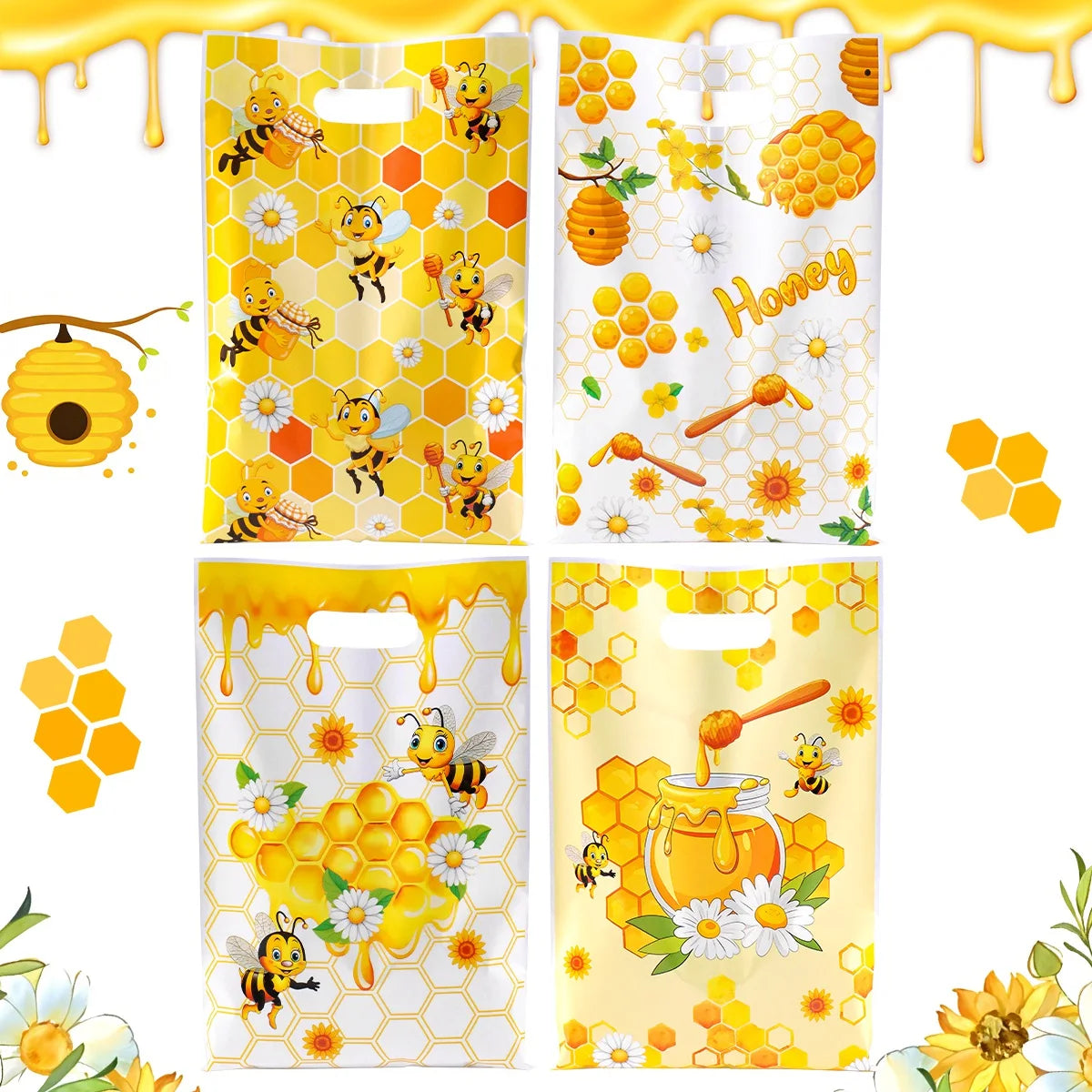 A collection of yellow honeycomb gift bags with handles filled with honey and flowers for party favors
