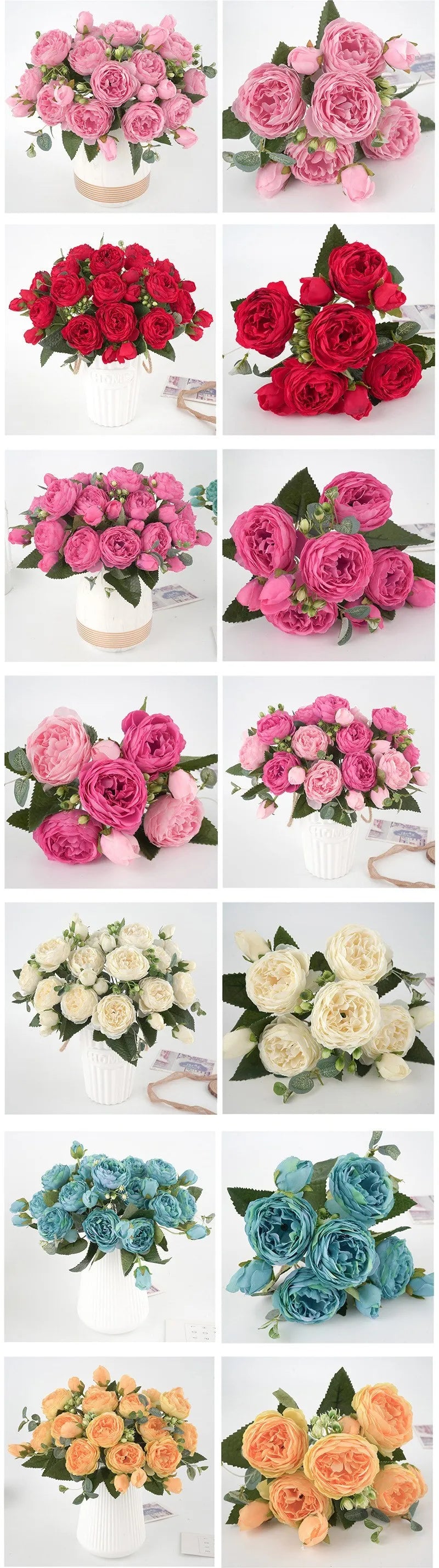 Eine Sammlung von künstlichen Seerosen- und Pfingstrosen-Blumensträußen in verschiedenen Rosa-, Rot- und Blautönen.