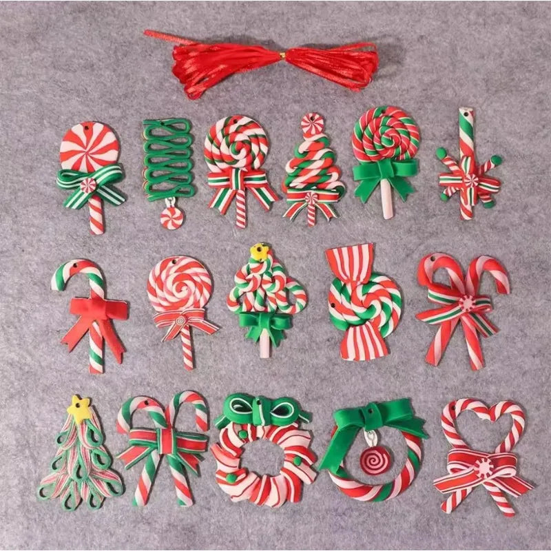 A collection of sixteen mini wooden candy cane Christmas ornaments in various colors and designs