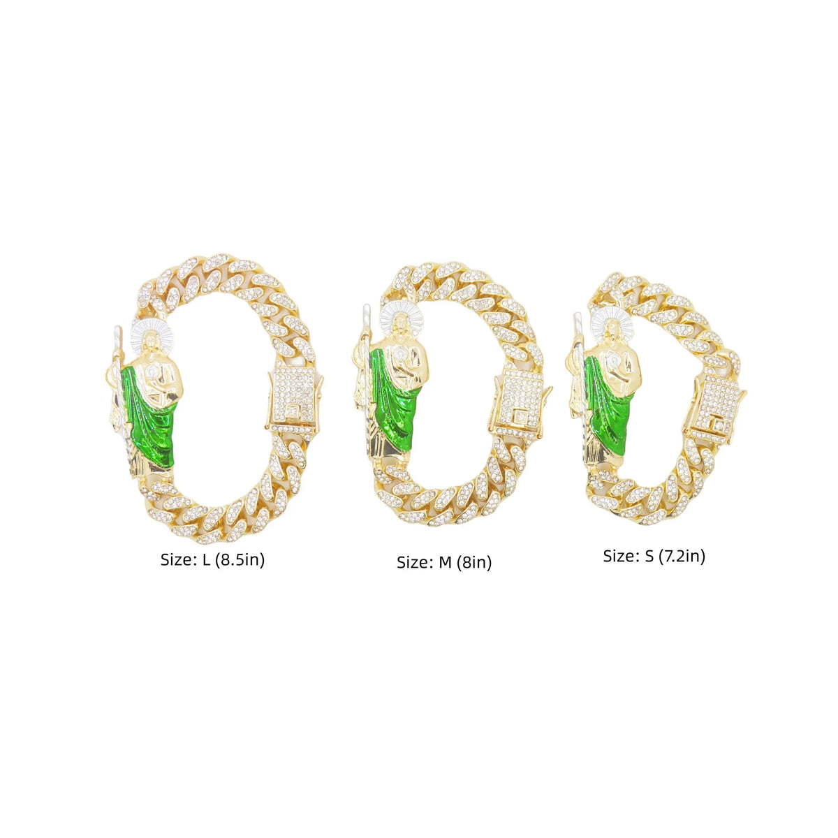 Three gold-toned Cuban link bracelets of varying sizes L, M, and S with green religious charms