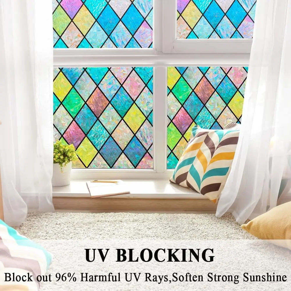Rainbow stained glass window film blocking harmful UV rays and softening strong sunshine