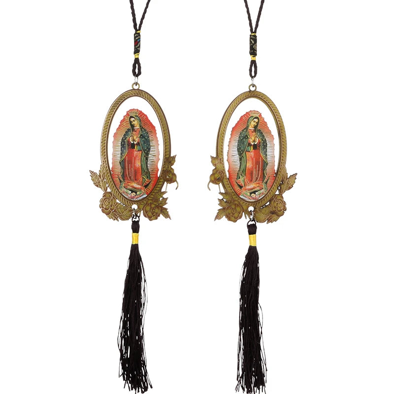 A wooden Our Lady of Guadalupe pendant charm with a gold-colored oval frame and black tassel.