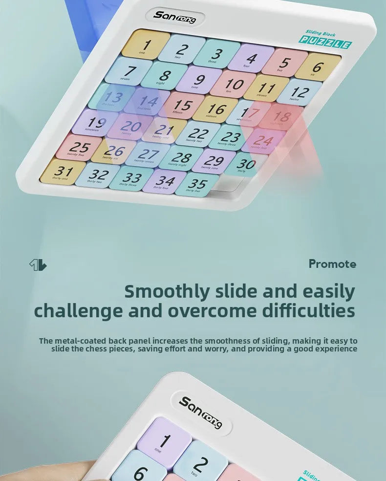 A white magnetic sliding block puzzle with numbered tiles is shown, demonstrating a smooth sliding mechanism for educational 