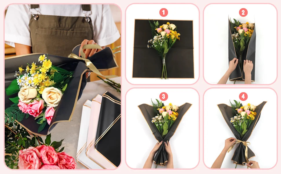 Various ways to wrap flowers using decorative paper with gold edges, shown in different styles and colors.