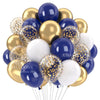 A cluster of navy blue and gold party balloons with metallic and pearl finishes.