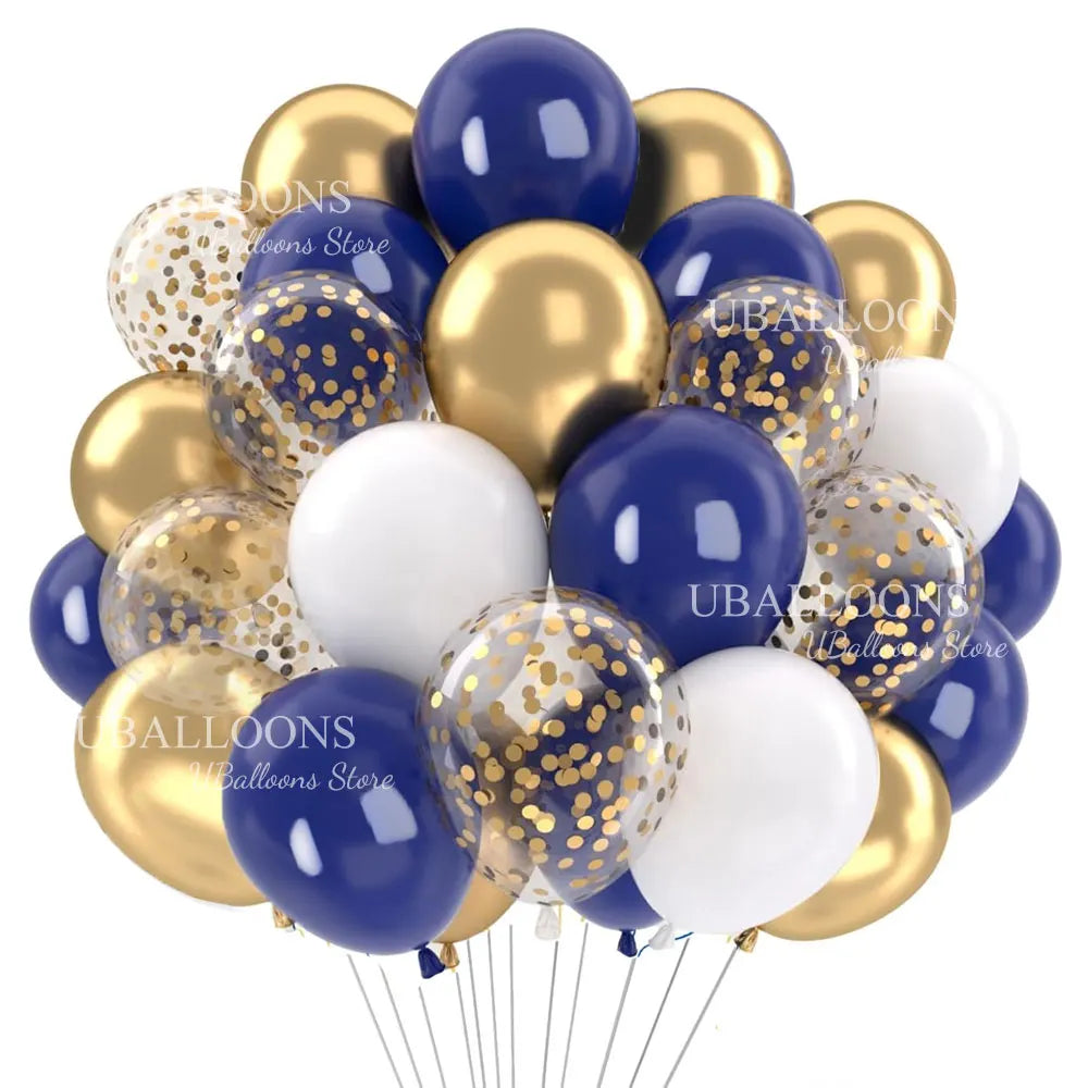A cluster of navy blue and gold party balloons with metallic and pearl finishes.