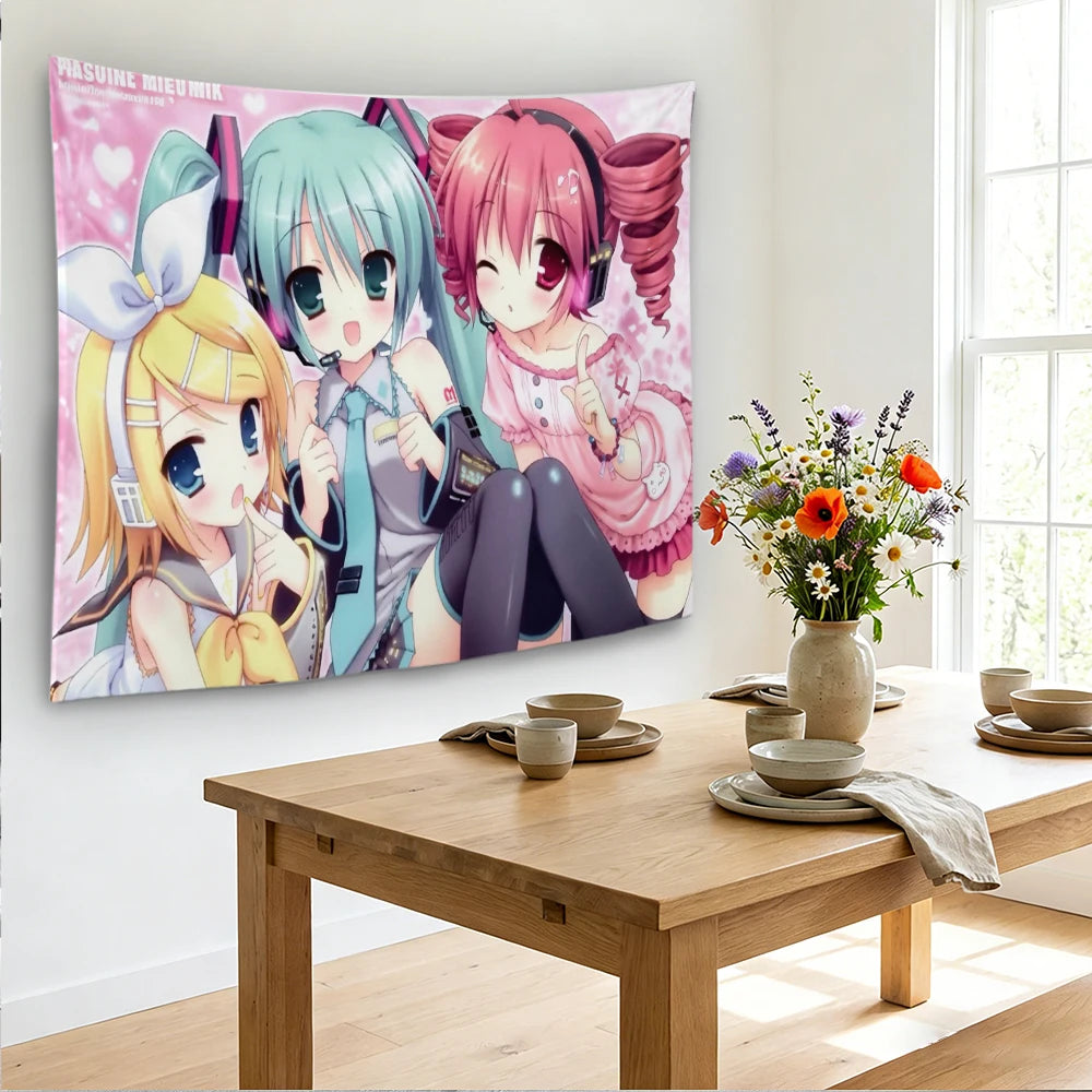 A wall tapestry featuring Vocaloid characters including Hatsune Miku and friends in pink and blue tones.