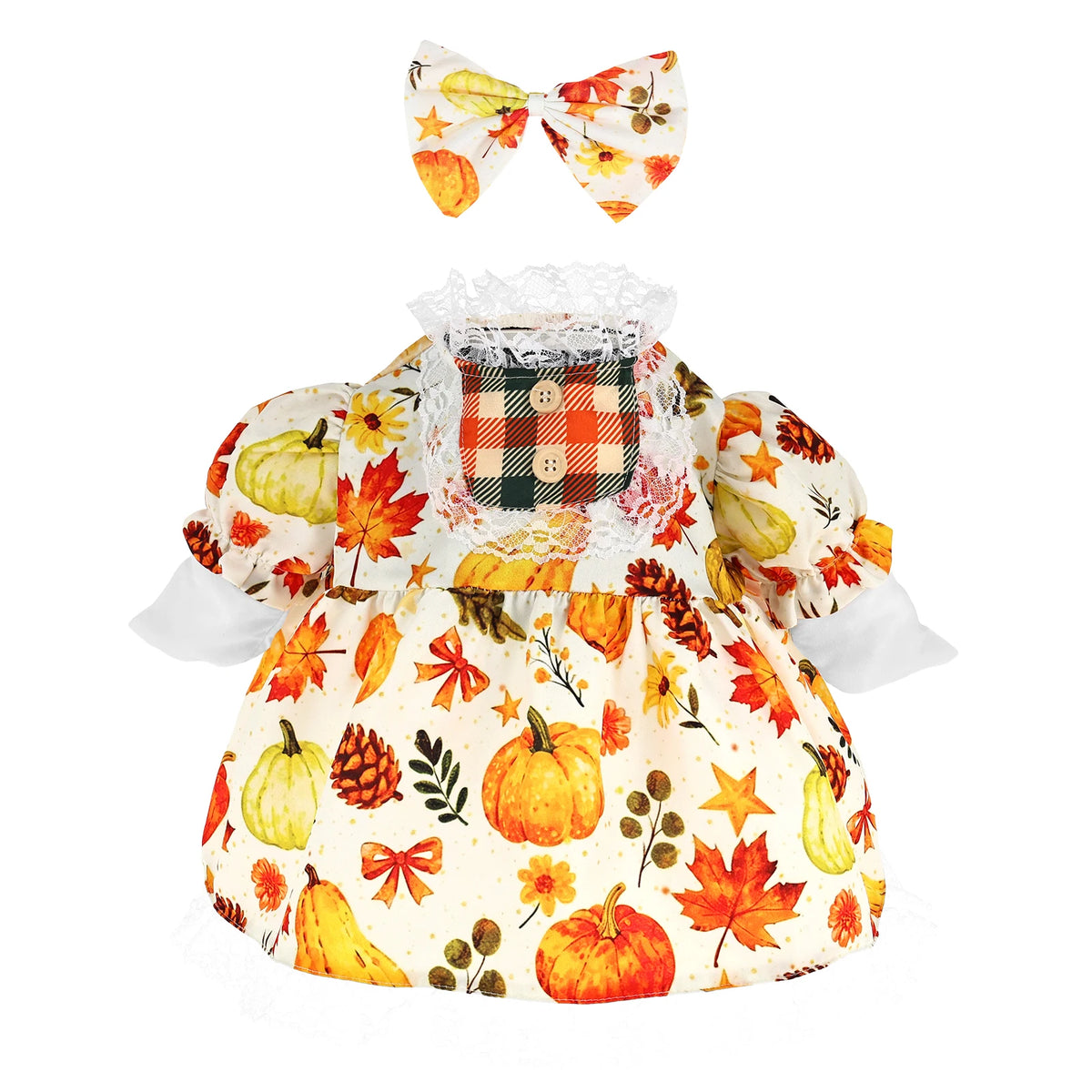 A yellow and orange fall dress for a goose featuring autumn leaf patterns and a matching bow.