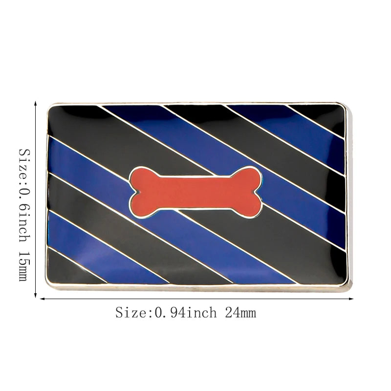 A rectangular lapel pin featuring black and blue stripes with a red bone shape in the center.
