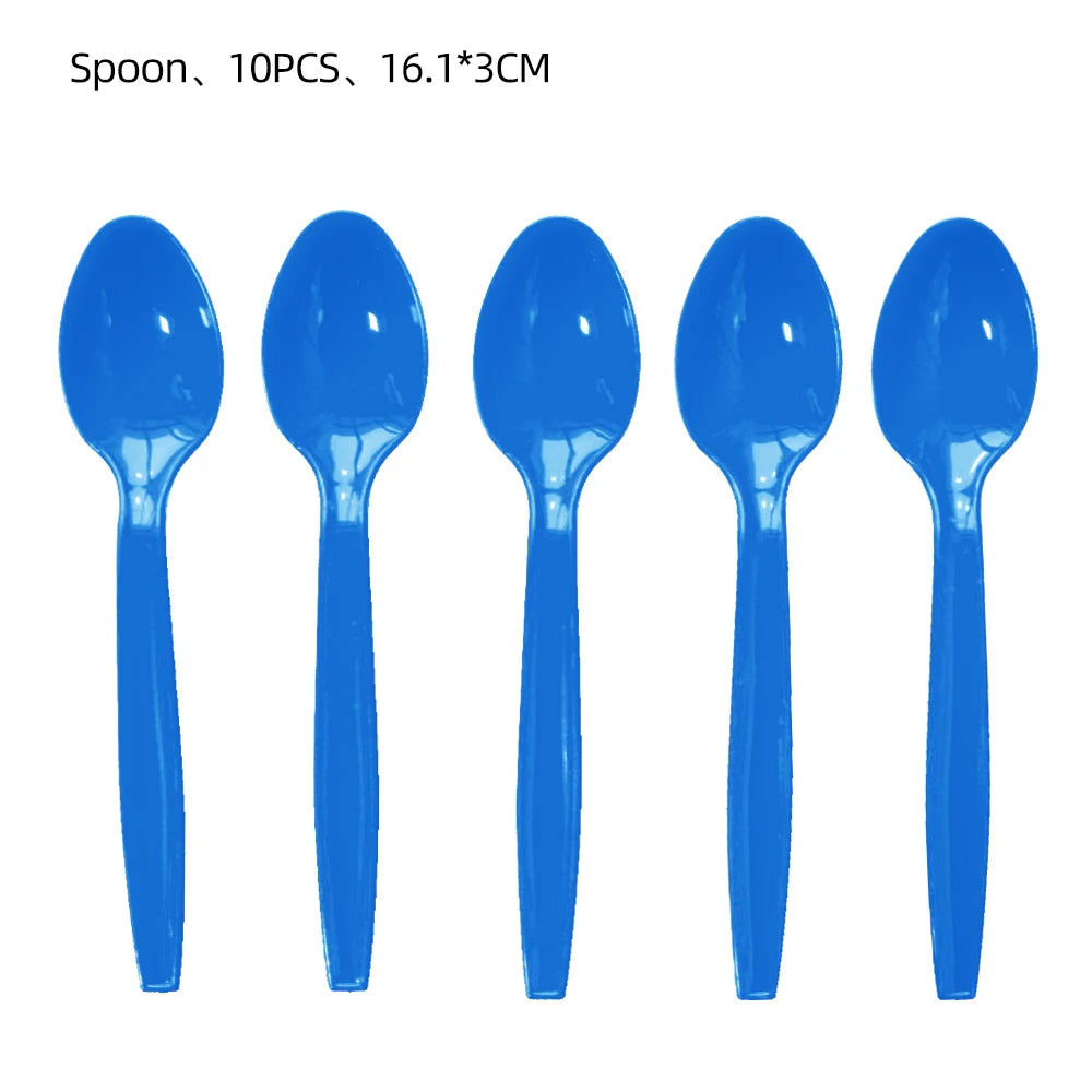 A set of ten blue spoons for a birthday party decoration.