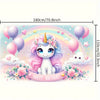 A pink unicorn with a rainbow background surrounded by balloons and flowers for a birthday party backdrop.
