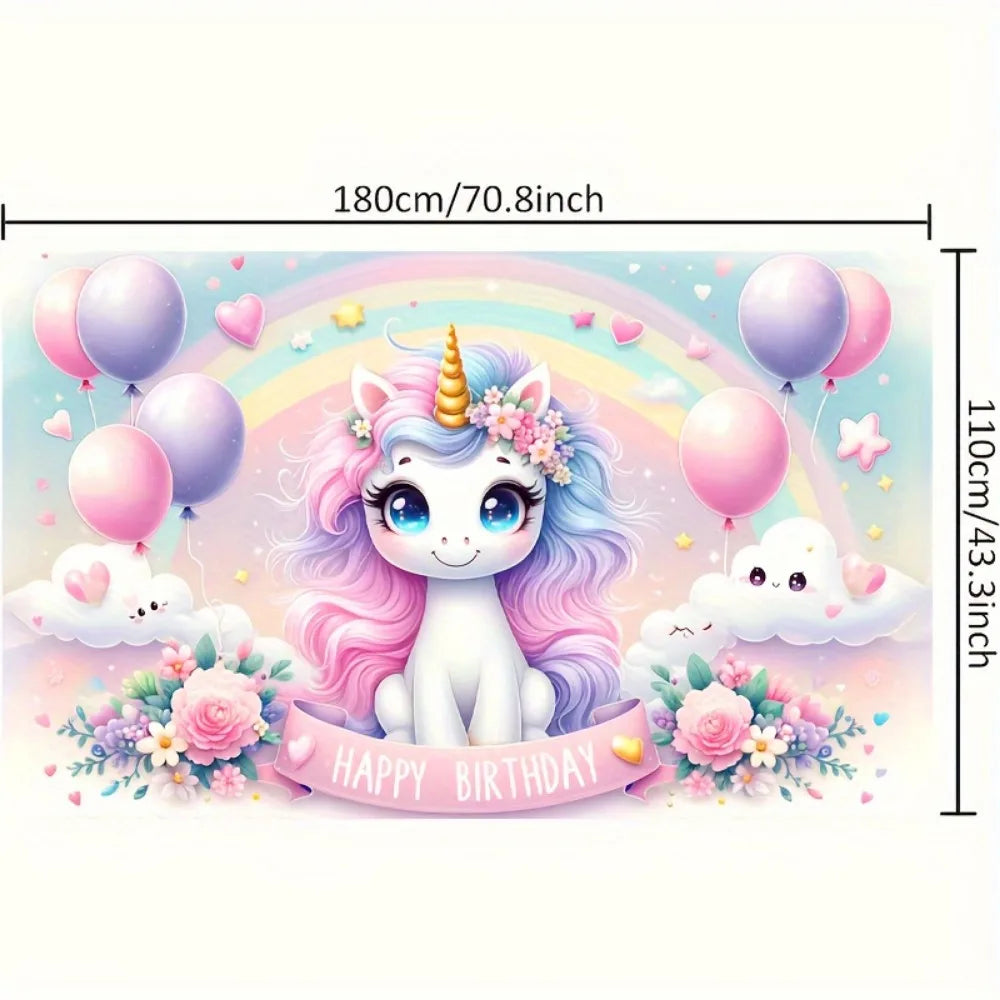 A pink unicorn with a rainbow background surrounded by balloons and flowers for a birthday party backdrop.