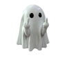 A white ghost figurine with outstretched hands and black eyes, used for Halloween decor.