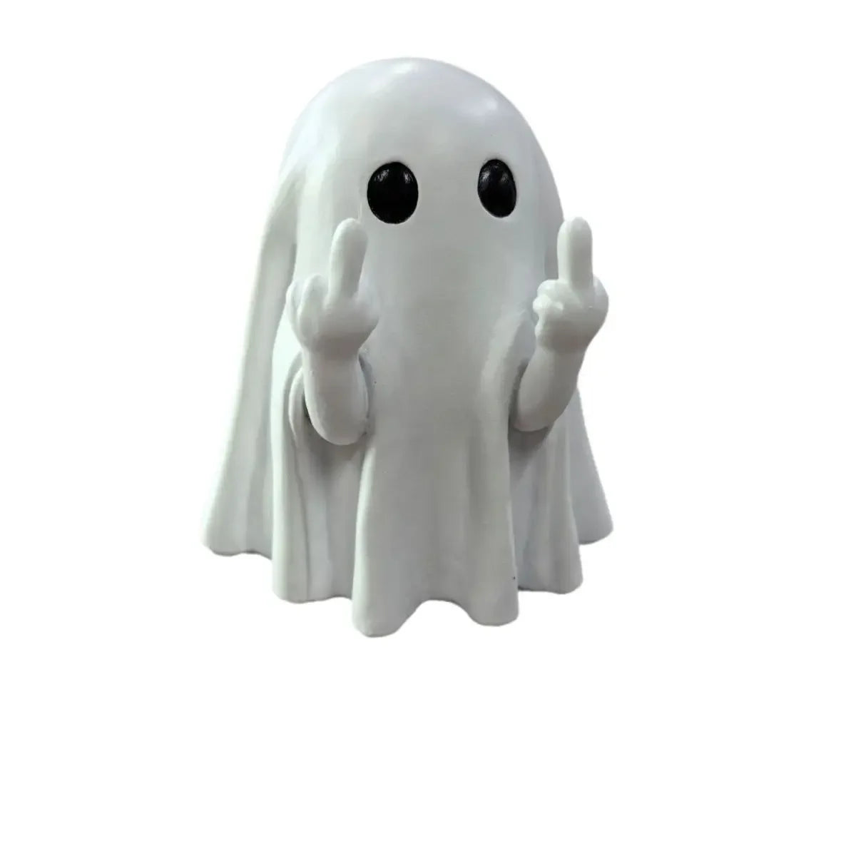 A white ghost figurine with outstretched hands and black eyes, used for Halloween decor.