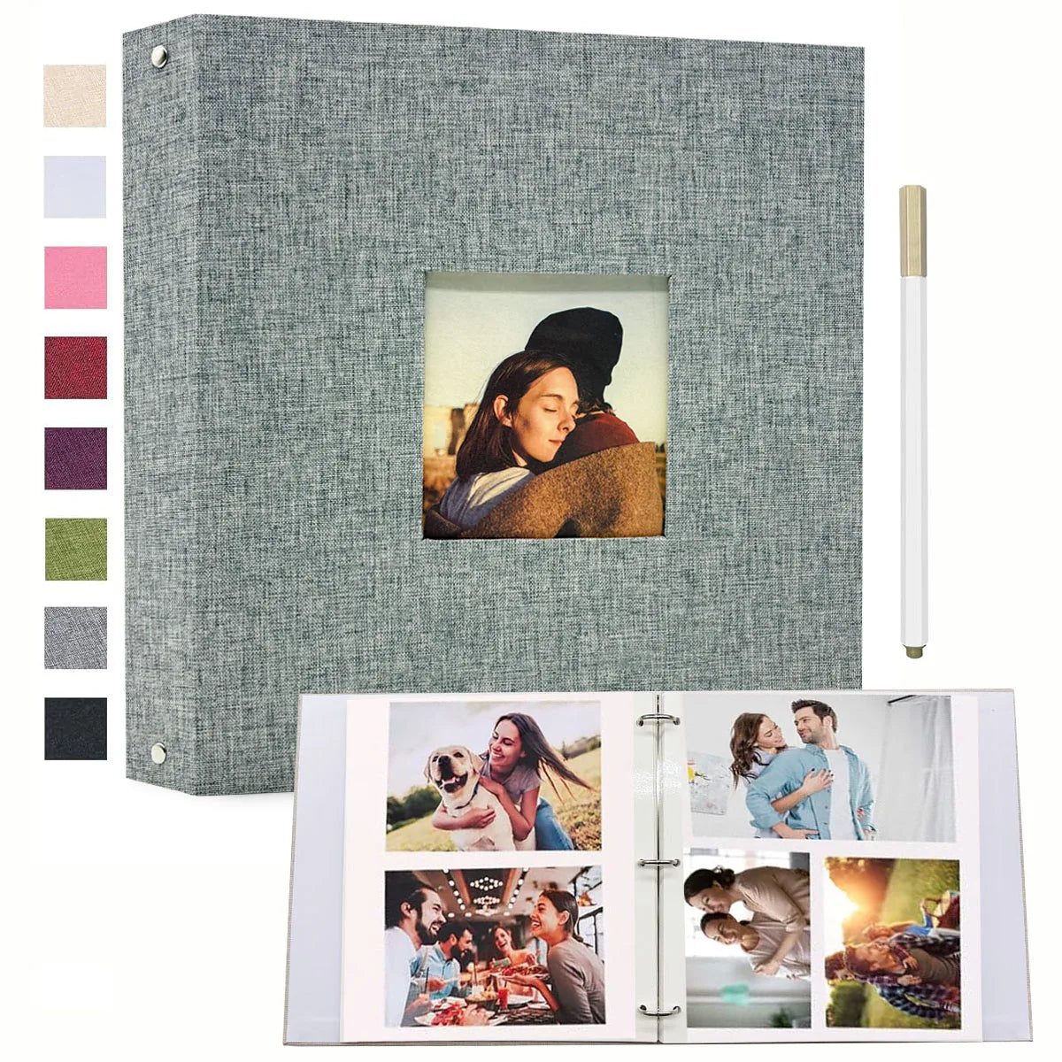 A linen scrapbook album with a gray cover and a light wood-colored pen shown alongside several photo pages.