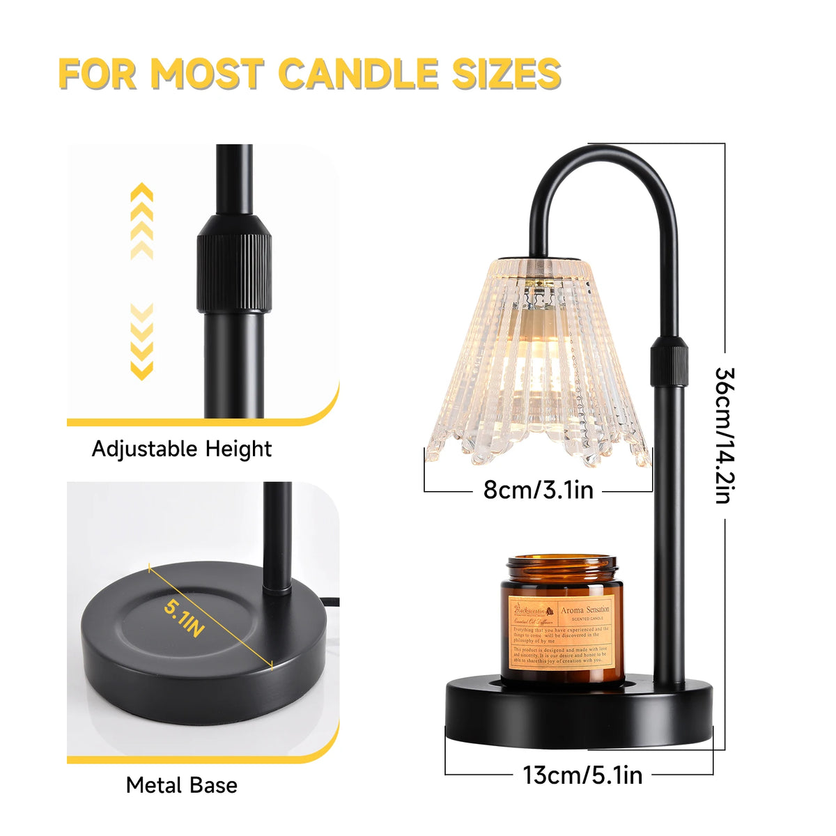 A black candle warmer lamp with a glass shade and adjustable height, shown next to a candle.
