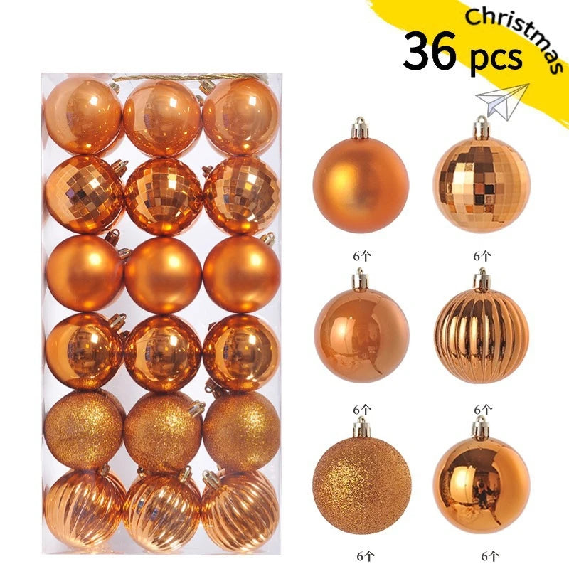 A collection of 36 gold and bronze Christmas baubles for holiday tree and decor.