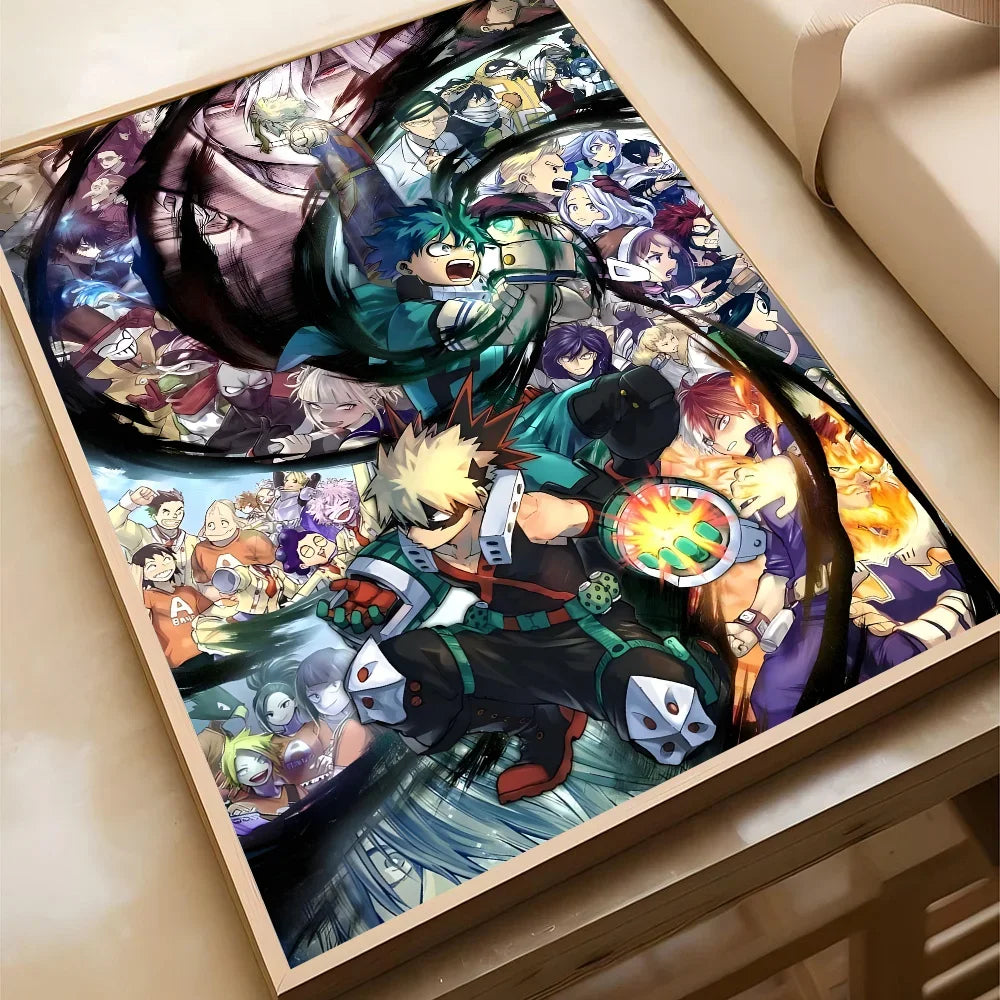 A vibrant anime poster featuring My Hero Academia's Deku in action against a dark background.
