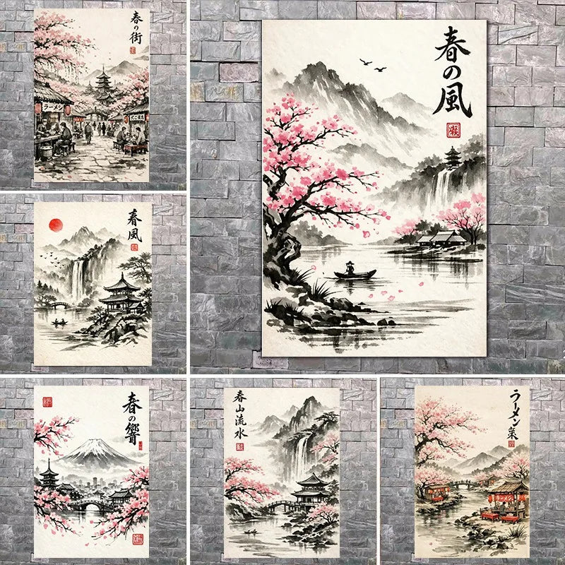 A collection of five Japanese ink wash paintings featuring cherry blossoms and landscapes for a diamond painting kit.