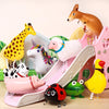 A collection of cartoon farm animal foil balloons including a giraffe, a white horse, a pig, and a yellow chicken.