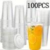 A collection of clear disposable plastic cups with lids, packaged in a 100-piece pack.