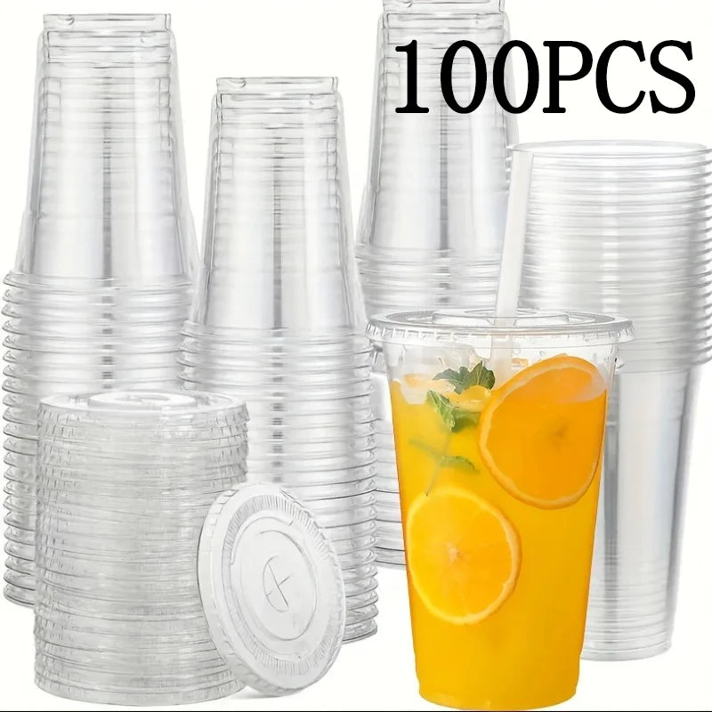 A collection of clear disposable plastic cups with lids, packaged in a 100-piece pack.