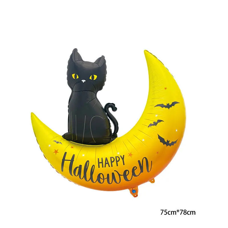 A black cat foil balloon with yellow Halloween lettering, standing on a large yellow pumpkin shaped balloon.