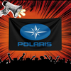 A black flag featuring a blue star design and the word POLARIS, set against an orange background with radiating lines.