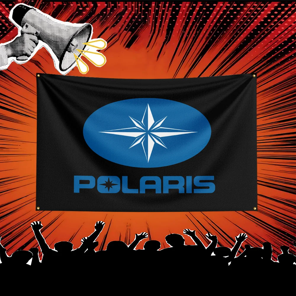 A black flag featuring a blue star design and the word POLARIS, set against an orange background with radiating lines.