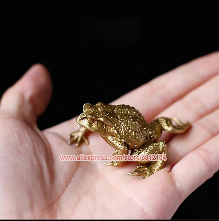 A brass money frog figurine is held in a person's hand against a dark background.