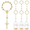 A set of mini baptism rosary favors with crosses in gold-toned metal and clear bags