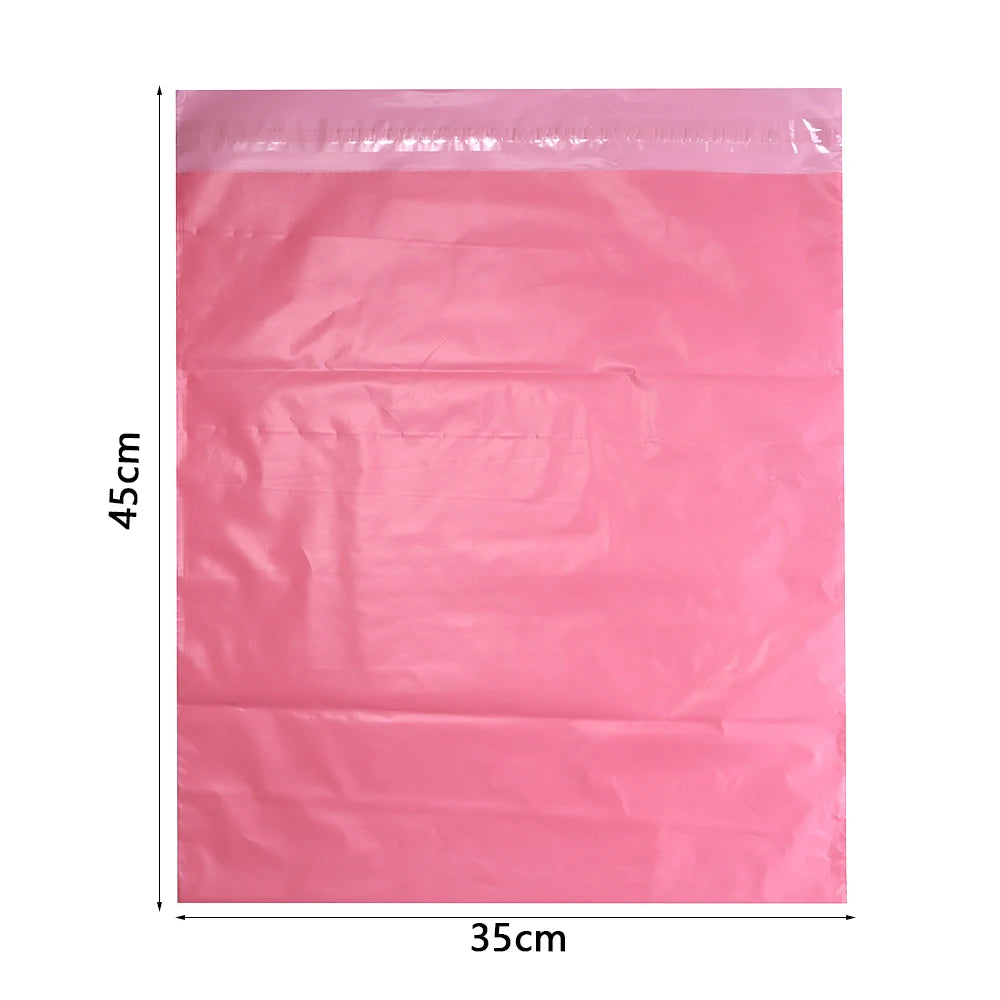 A pink plastic self-adhesive shipping pouch measuring 45cm by 35cm.