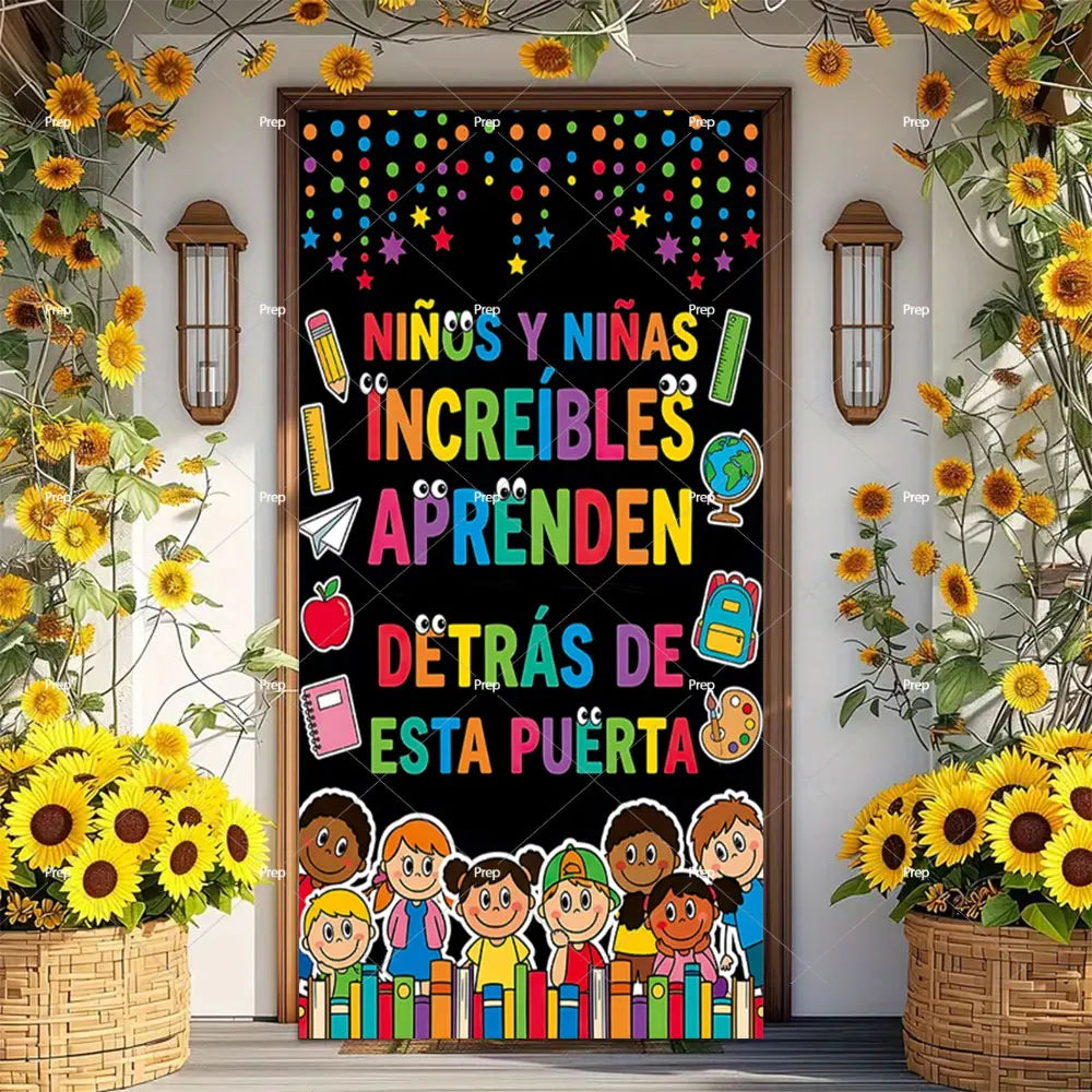 A colorful door banner featuring children learning and a vibrant floral arrangement.