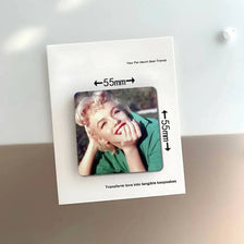 A card featuring a photo of Marilyn Monroe with measurements and text about transforming love into tangible keepsakes.
