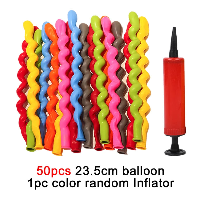 A set of 50 assorted latex balloons in various colors and a random inflator are displayed.