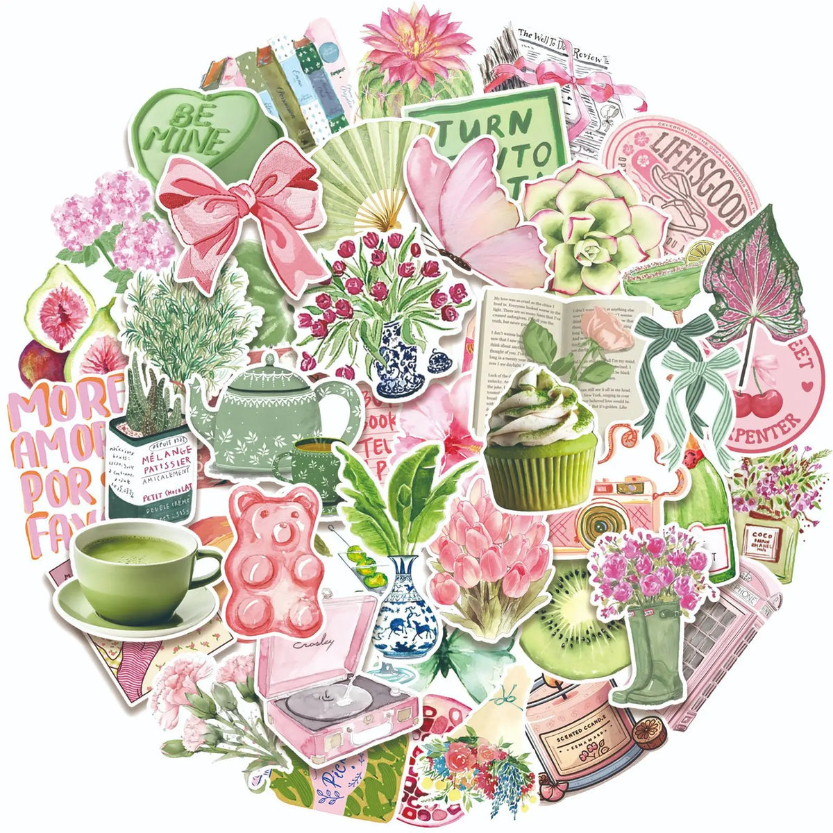 Collection colorée de autocollants vintage avec des motifs floraux, alimentaires et de la nature.