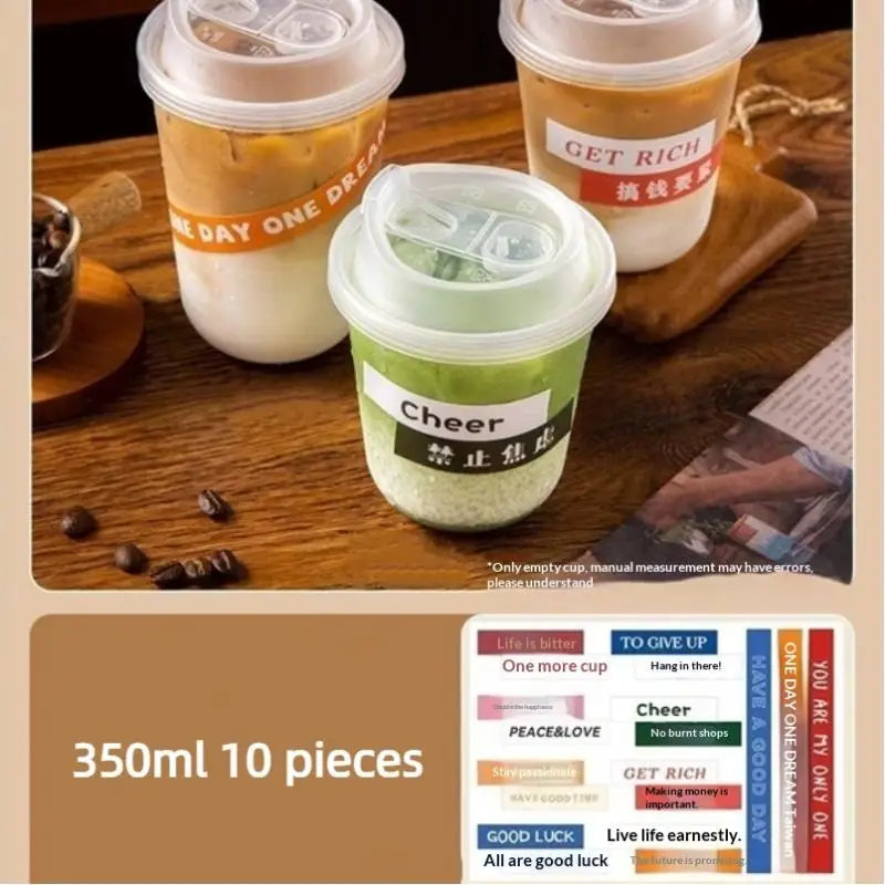Un juego de 10 vasos desechables en forma de U para bebidas calientes, en varios sabores como té y café