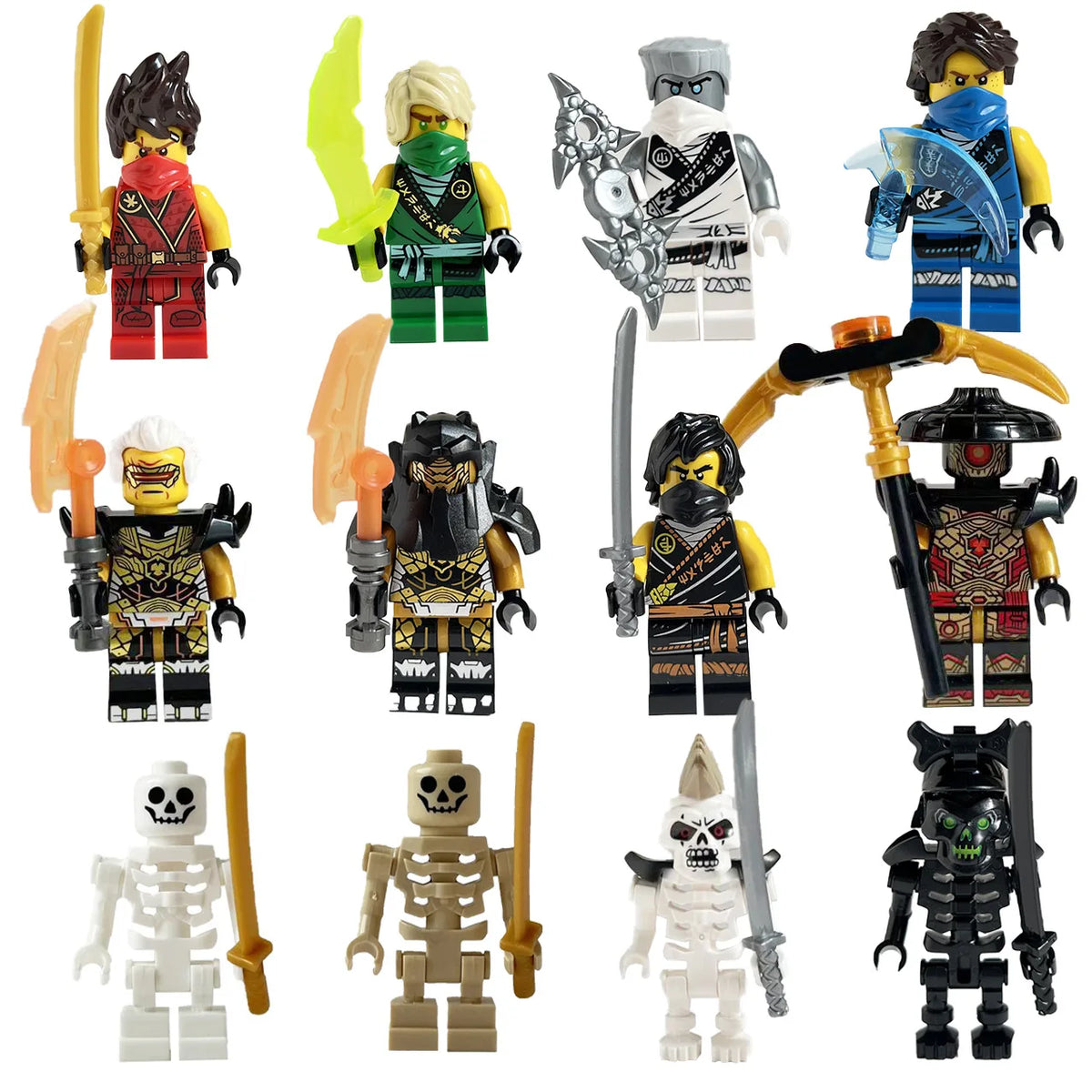 A collection of Golden Ninja building block figures in various poses and colors.