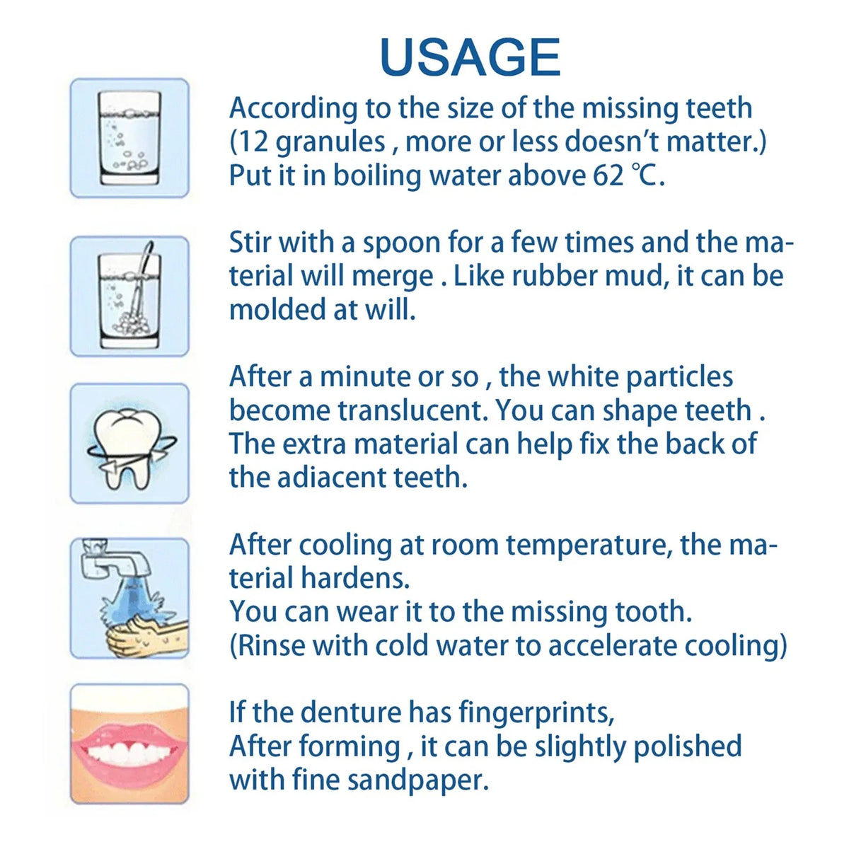 Instructions for using a temporary tooth repair kit, detailing mixing, molding, and hardening steps.