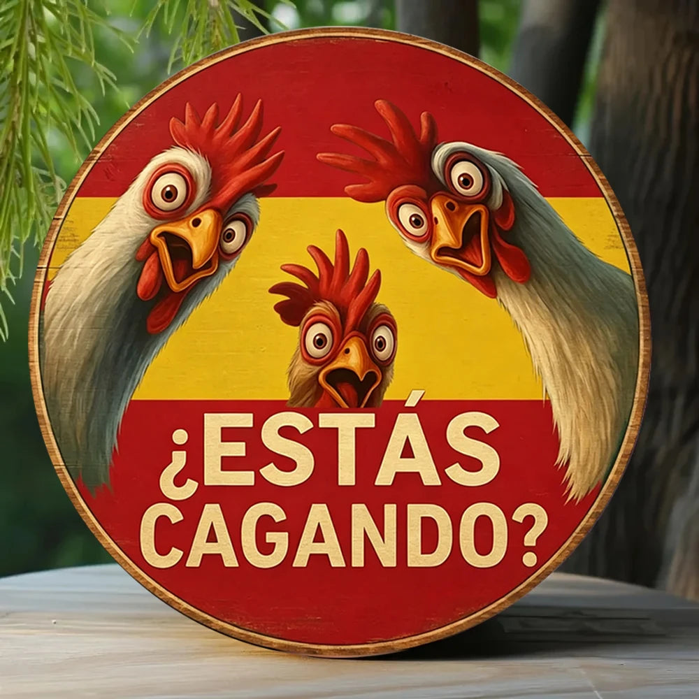 A round wooden sign featuring a retro rooster design with a Spanish flag theme on a red background.