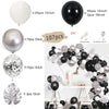 A kit for creating an elegant black and gold balloon garland arch featuring various sizes and starburst foil accents.
