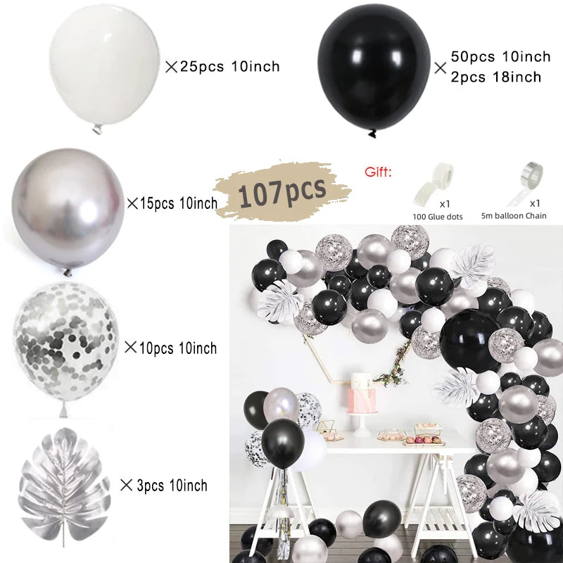 A kit for creating an elegant black and gold balloon garland arch featuring various sizes and starburst foil accents.