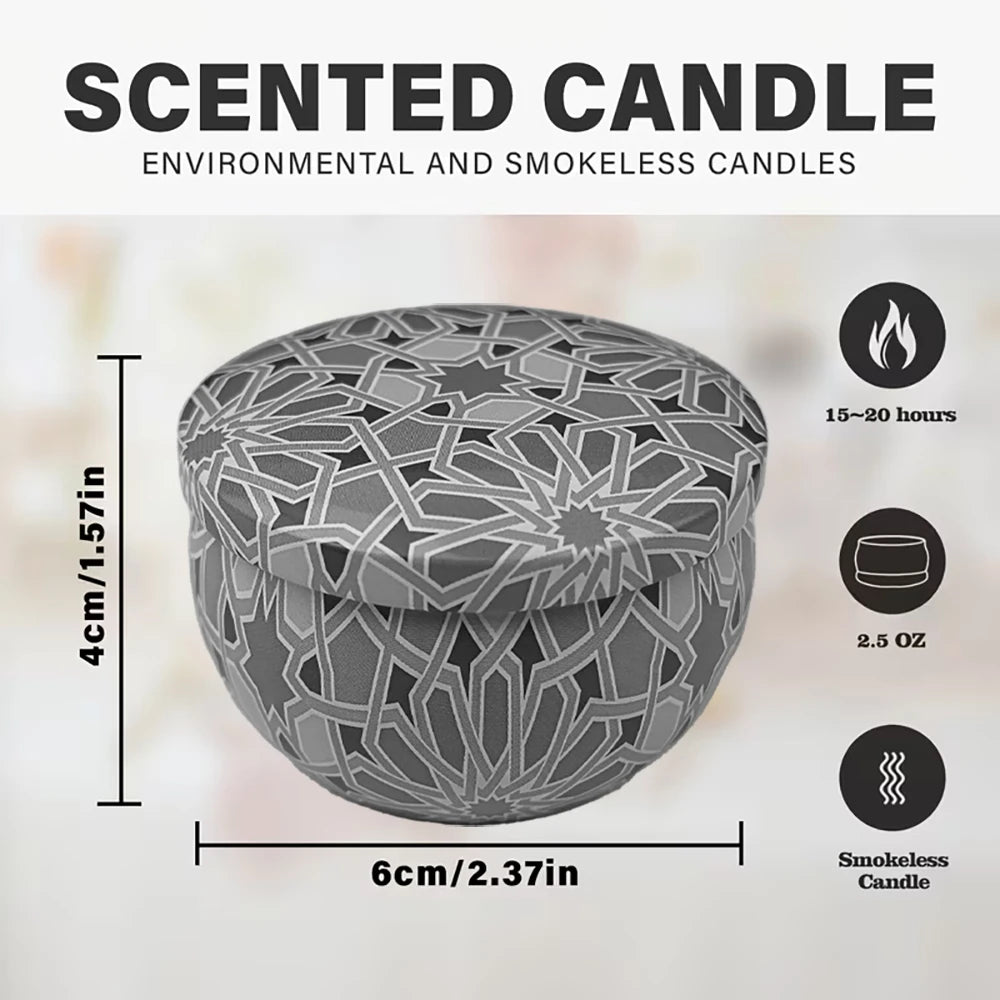 A round gray scented candle jar with an intricate geometric pattern, shown from above and the side.